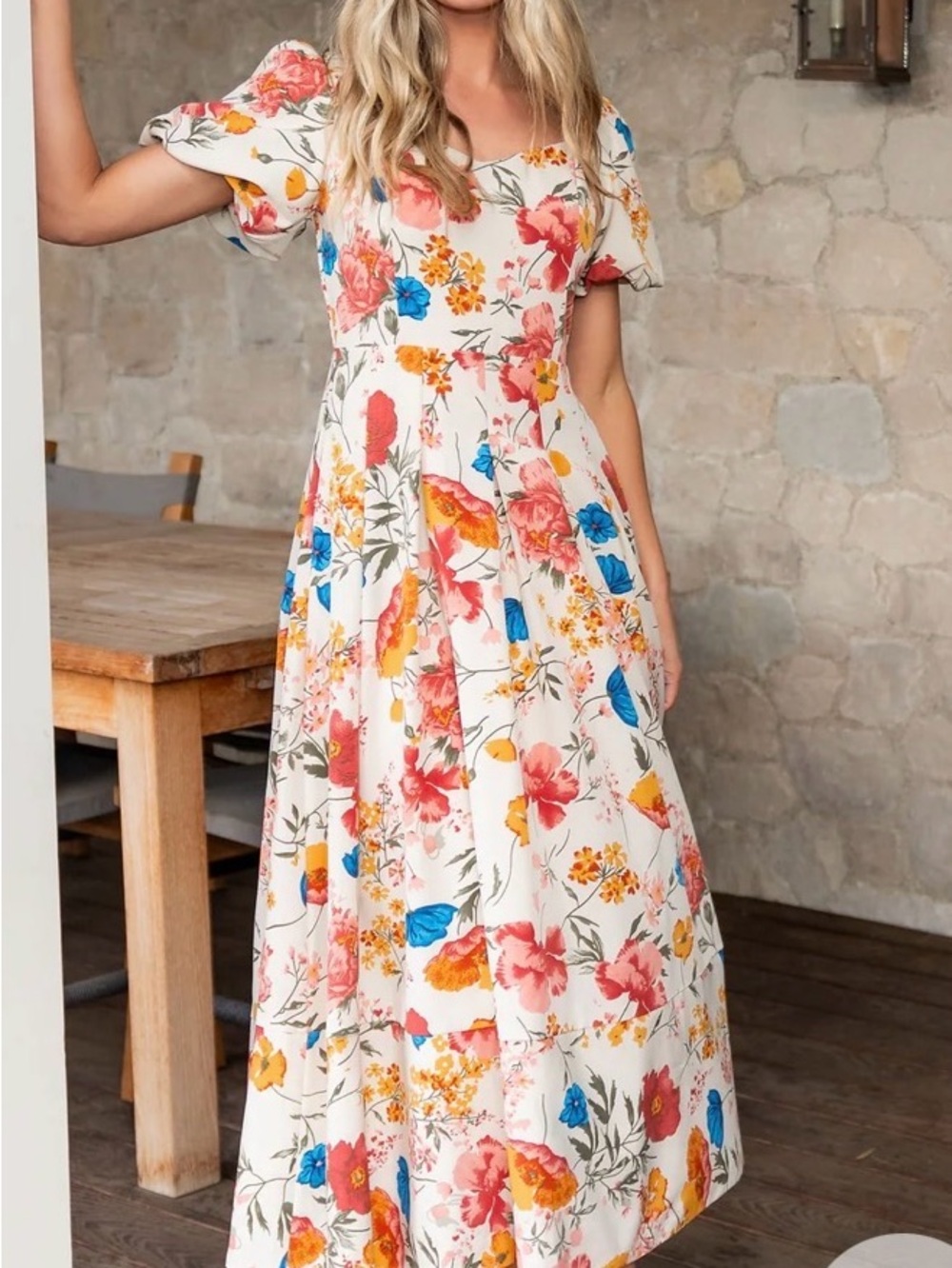 Floral Puff-Sleeve Maxi Dress - White Floral from Baltic Born